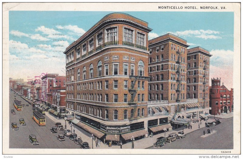 NORFOLK, Virginia, PU-1932; Monticello Hotel, Classic Cars, Cable Cars