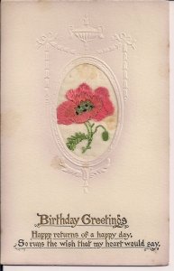 EMBROiDERED Postcard From England, WWI Birthday, Poppies, Tuck 1917, UK Poppy