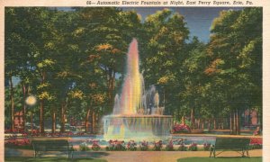 Vintage Postcard 1930s Automatic Electric Fountain at Night Perry Square Erie PA