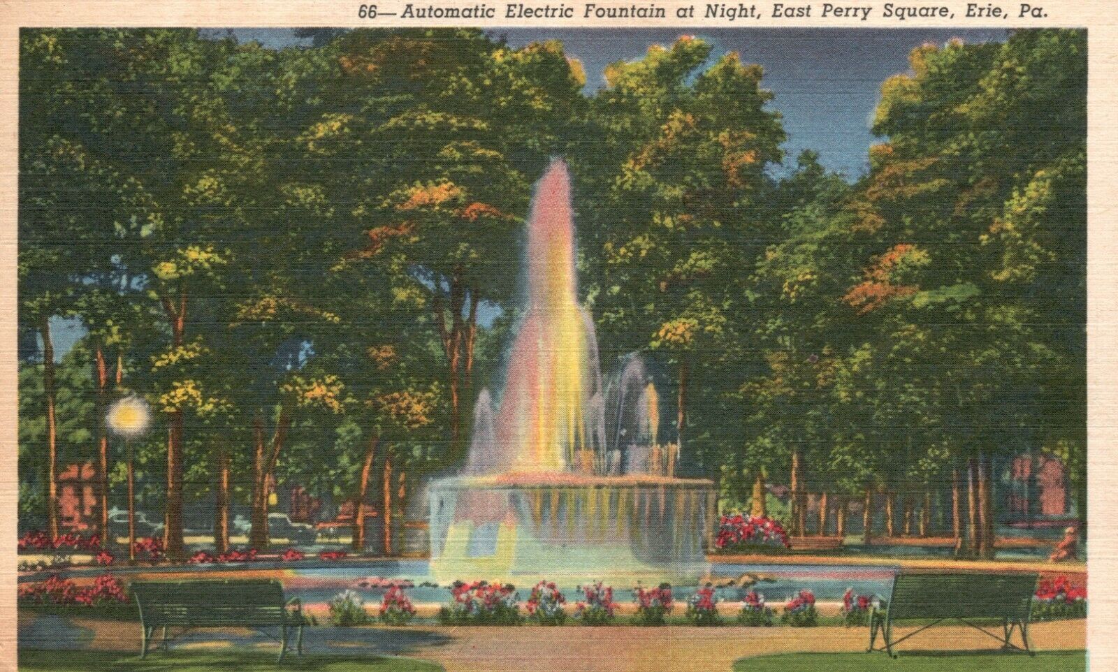 Vintage Postcard 1930s Automatic Electric Fountain at Night Perry