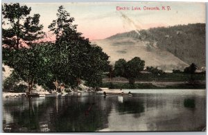 Postcard NY Oneonta Electric Lake man in rowboat