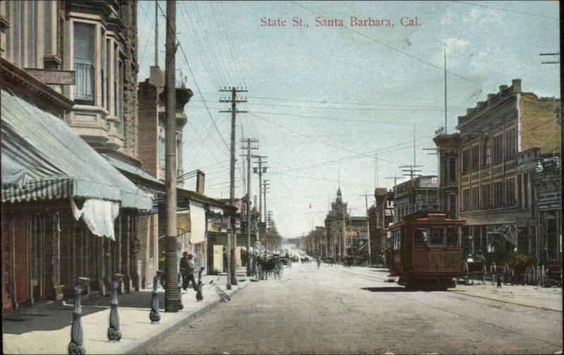 Santa Barbara CA State St. Trolley c1910 Postcard