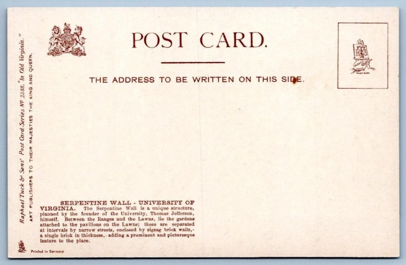 Pre-1907 SERPENTINE WALL UNIVERSITY of VIRGINIA CHARLOTTESVILLE TUCKS POSTCARD