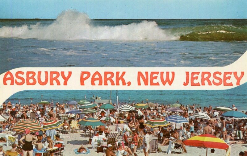 ASBURY PARK NEW JERSEY NJ LARGE LETTER 2 PICTURE BEACH & OCEAN UNUSED CHROME PC