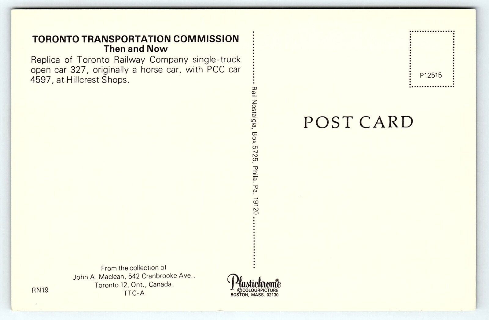 Vintage Toronto Transportation Commission Then and NOW Railway Postcard