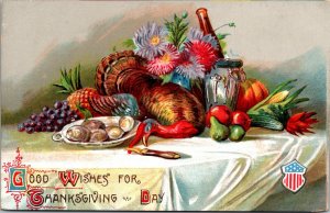 Embossed Thanksgiving Postcard Turkey Fruits Vegetables Flowers Wine~132575