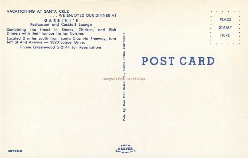 CA, Santa Cruz, California, Garbini's Restaurant, Dexter Press No. 35702