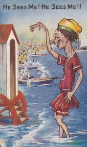 Anorexic Female Sex Pest At Mens Changing Rooms Old Comic Postcard