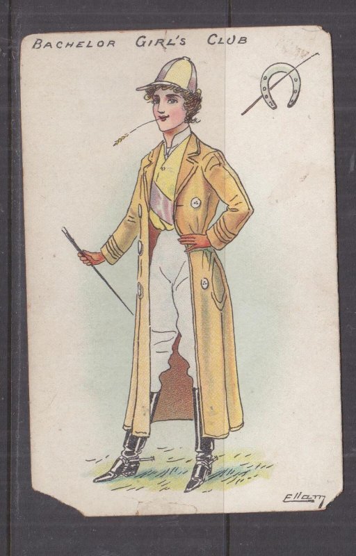 HORSERIDING OUTFIT, c1910 British drawing ppc. Woman in Garb with Whip, unused