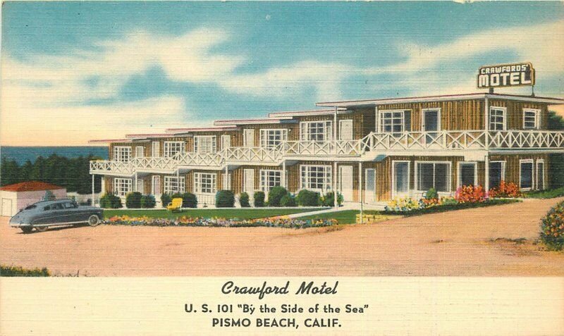 Colorpicture Crawford Motel roadside Pismo Beach California 1940s Postcard 10960