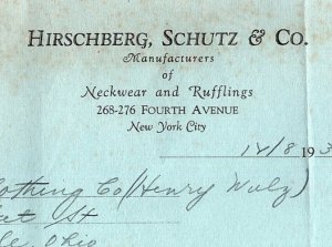 1938 HIRSCHBERG SCHULTZ & CO NEW YORK NECKWEAR RUFFLINGS BILLHEAD INVOICE Z3415