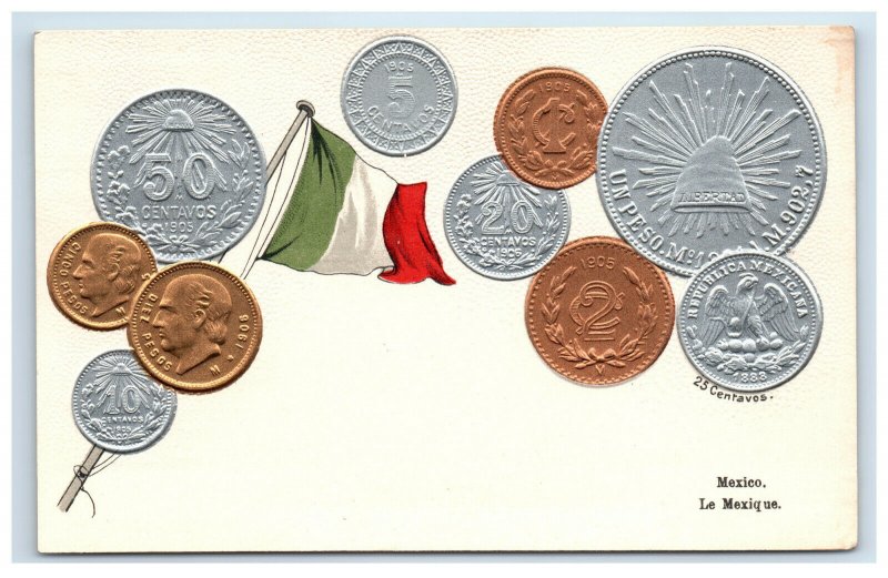 Mexico Embossed Coin Postcard Mexican Flag Centavos