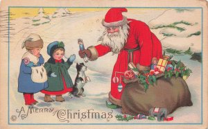 Antique 1921Postcard Santa Claus Christmas with Children & Cat