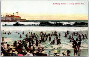 Bathing Scene At Long Beach California CA Big Waves Crowd Pier Postcard