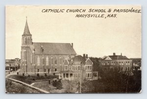 Catholic Church and Parsonage Marysville Kansas KS 1910 DB Postcard Q6