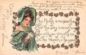 St Patricks Greetings Lady in Green Bonnet HBG Postcard AA14378