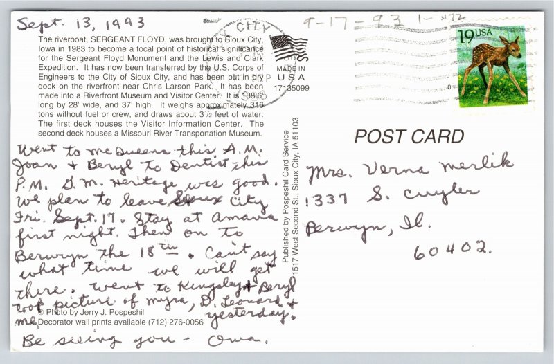 Sioux City Iowa~Riverboat Sergeant Floyd @ Port~Vintage Postcard