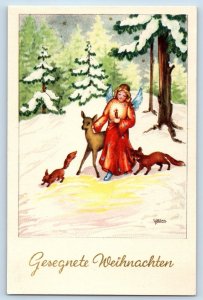 Y. Milan Artist Signed Postcard Christmas Angel Deer Pine Trees Winter Austria