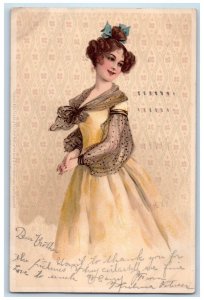 1907 Pretty Woman Gown Curly Hair Europe San Francisco California CA Postcard 