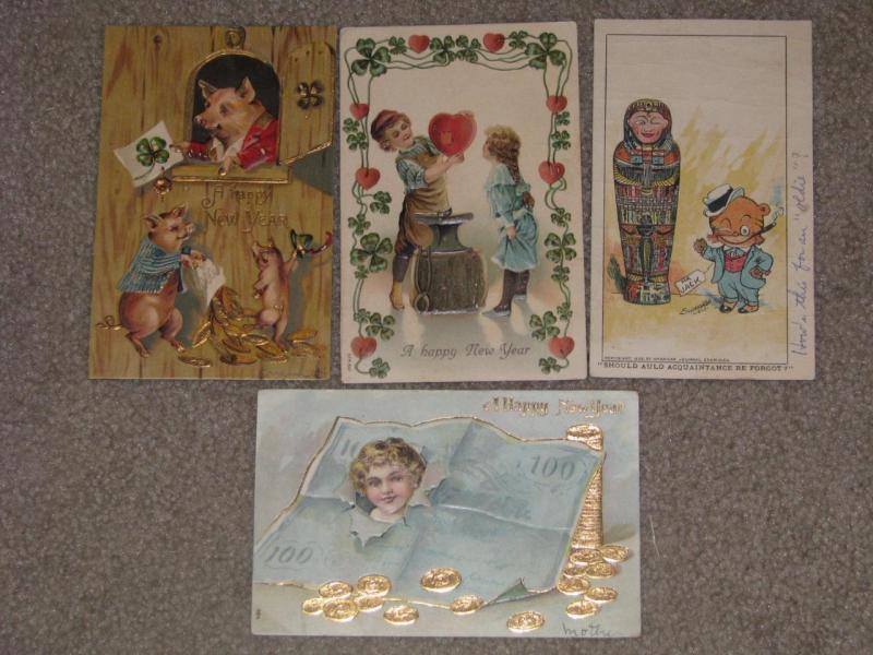 Happy New Year, 4 used vintage postcards