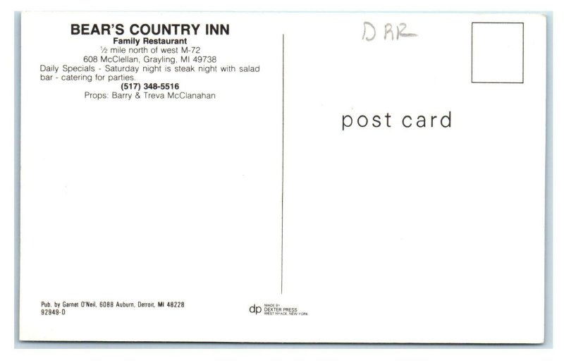 GRAYLING, MI ~Roadside  BEAR'S COUNTRY INN  c1970s  Crawford County Postcard