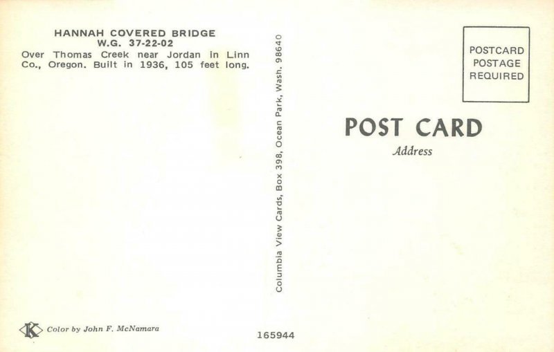 HANNAH COVERED BRIDGE Thomas Creek, Linn Co, Oregon c1950s Vintage Postcard