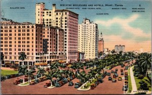 USA Biscayne Boulevard and Hotel Miami Florida Linen Postcard 09.96