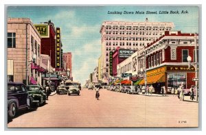 Vintage 1930's Postcard Main Street Antique Cars Bicycles Little Rock Arkansas