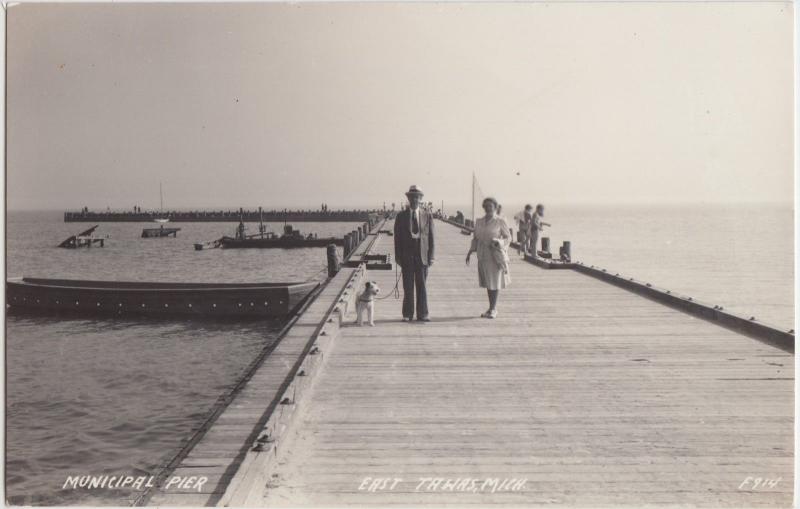 Michigan MI Real Photo RPPC Postcard c1940s EAST TAWAS Municipal Pier People 