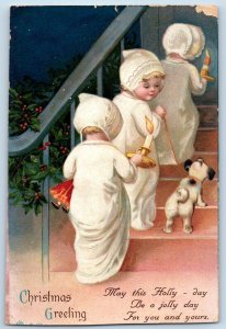 Christmas Postcard Greetings Children With Doll Candles Dog Clapsaddle 1914