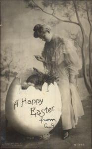 Easter - Woman & Giant Egg & Rabbit c1905 Real Photo Postcard