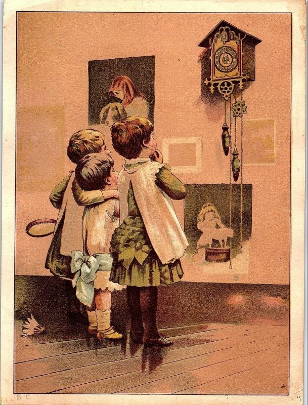 1880's Large Card Schuetz & McFarlan Fruit Dealers Children Cuckoo Clock &B