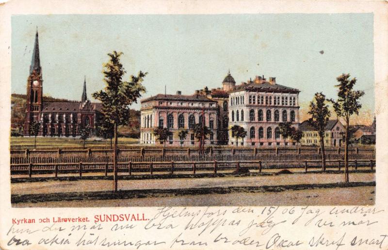 SUNDSVALL SWEDEN KYRKAN OCH LARVOVERKET POSTCARD c1906