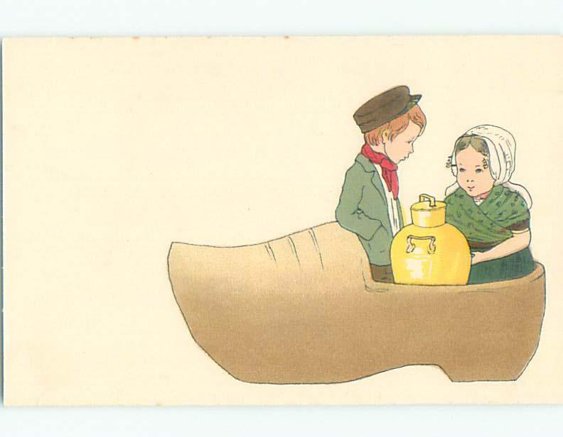 Unused Pre-Linen foreign GIRL WITH MILK CAN SITS IN GIANT SHOE WITH BOY k7042