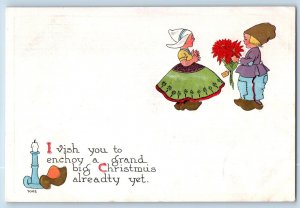 Christmas Postcard Dutch Kids With Poinsettia Flowers Embossed c1910's Antique