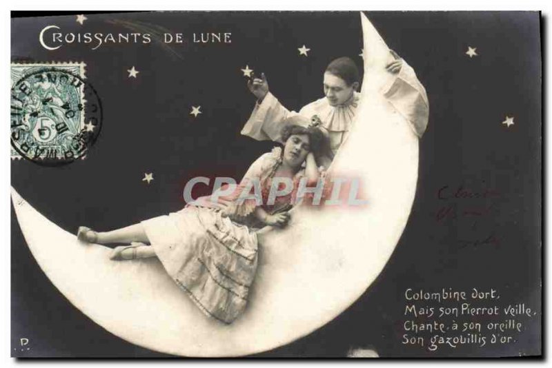Postcard Old Woman Fantasy Moon Moon Crescents Pierrot Columbine