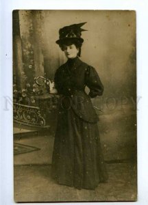 193348 Lady VICTORIAN DRESS Bird HAT Cane Vintage REAL PHOTO