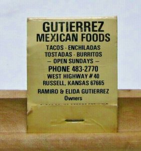 Gutierrez Mexican Foods West Highway #40 Russell Kansas Vintage Matchbook Cover 