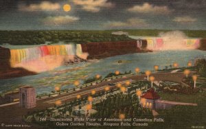 Vintage Postcard Illuminated Night View American Canadian Falls Niagara Falls CA