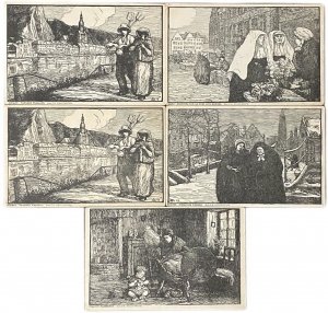 Belgium local motifs old postcards, wood engravings after artist A. Delstanche 