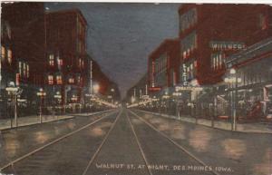 Iowa Des Moines Walnut Street At Night 1911