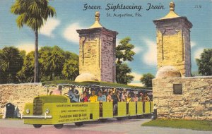 St Augustine, FL Florida  GREEN SIGHTSEEING TRAIN Miniature Train LINEN Postcard