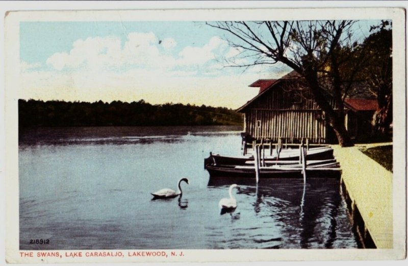 1915 LAKEWOOD New Jersey NJ Postcard LAKE CARASALJO Swans Ocean County