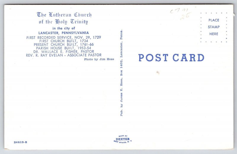 The Lutheran Church Of The Holy Trinity Lancaster Pennsylvania PA Postcard
