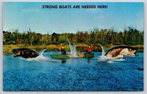 Wisconsin~Men Fishing on Boat~Exaggerated Fish Pull Line~1950s Postcard