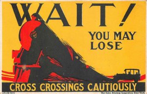 CAR AT TRAIN CROSSING WAIT! YOU MAY LOSE NEW YORK POSTCARD (1924)