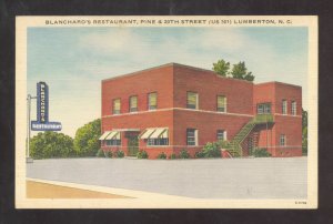 LUMBERTON NORTH CAROLINA BLANCHARD'S RESTAURANT ADVERTISING POSTCARD