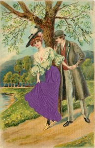 Embossed Silk Applique Postcard Romance Couple Under Tree, Purple Skirt 1042