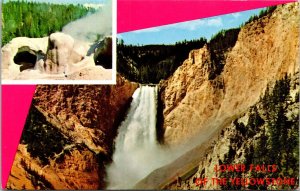 Lower Falls Yellowstone Grand Canyon Inset Grotto Geyser Dual View Postcard VTG  