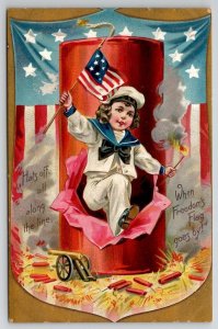 July 4th Patriotic Child Popping Out of Firecracker Tuck Postcard N27